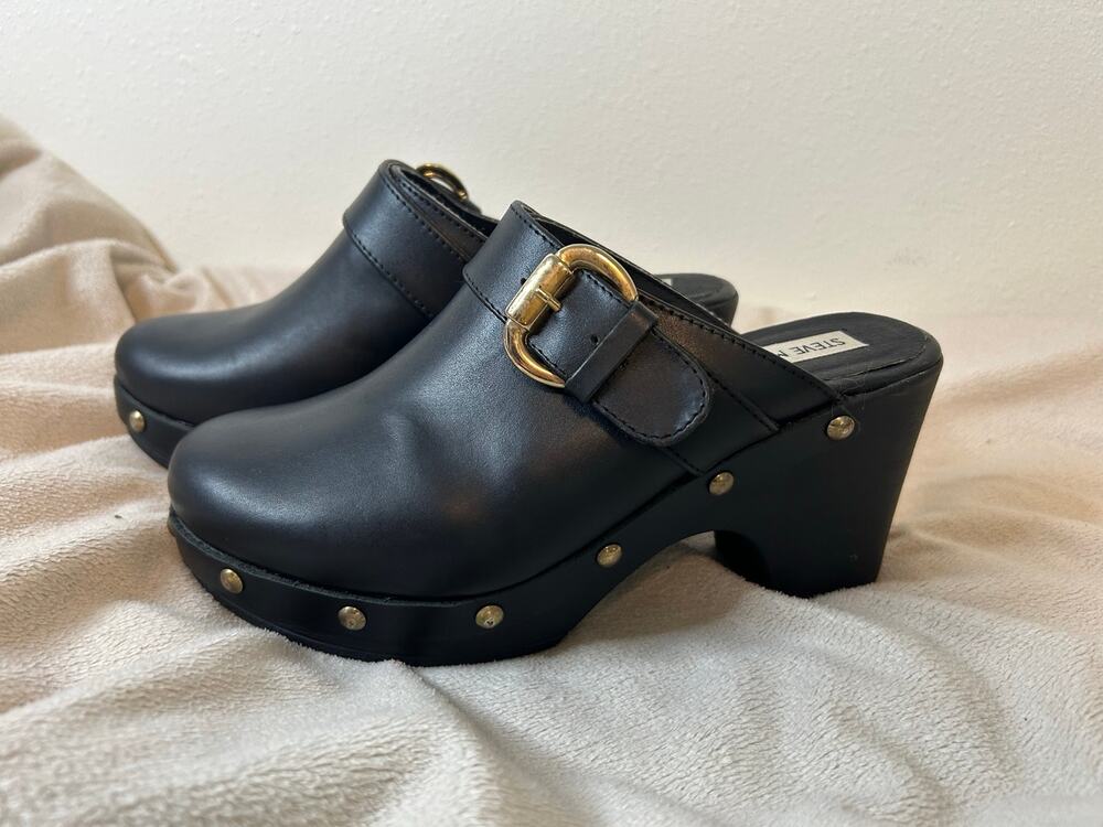 Steve Madden Somah Black Leather Platform Clogs, Women’s 7M